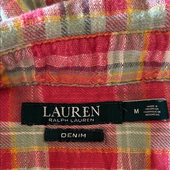 Lauren Ralph Lauren Pink Plaid Denim Button-Down Shirt Size Medium Front Pockets - Picture 5 of 5